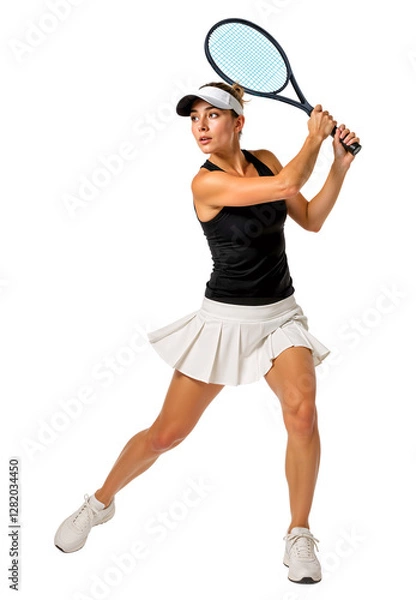 Fototapeta Woman holding Tennis Racket Preparing to Swing on isolated background