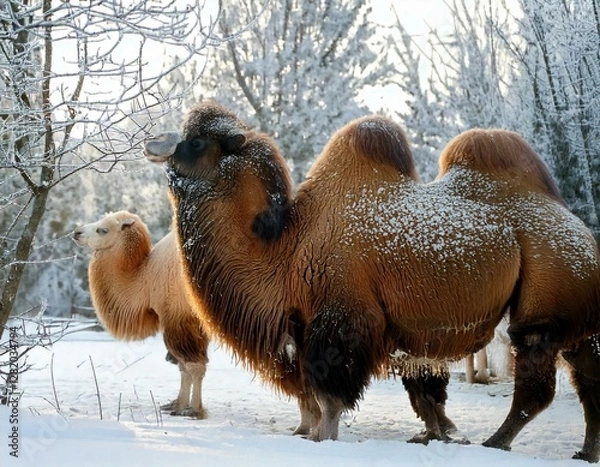 Fototapeta GenerateTitle: Two Bactrian Camels in a Snowy Winter Landscape

