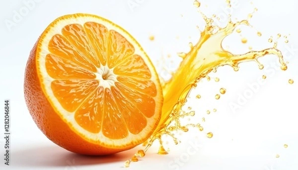 Fototapeta Half of ripe orange fruit, orange juice splash isolated on white background. Sweet tropical citrous vitamin c source refreshment for healthy diet. Bright colors, cut piece full of freshness.