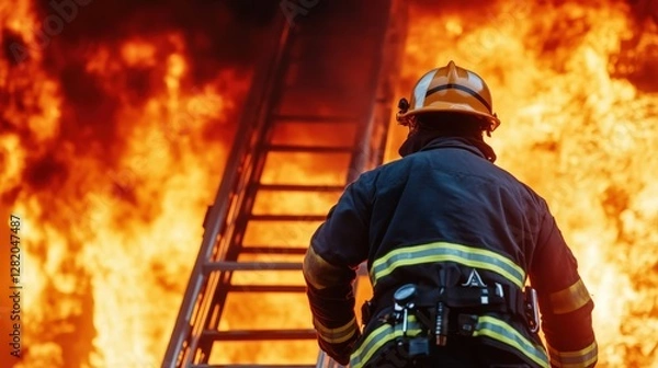Obraz A firefighter ascends a ladder towards a blazing fire, showcasing bravery and the urgency of firefighting efforts in a dangerous scenario.