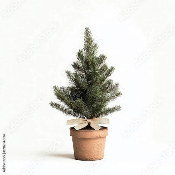Obraz A small potted Christmas tree with lush green foliage and a decorative bow, set against a minimalistic white background.