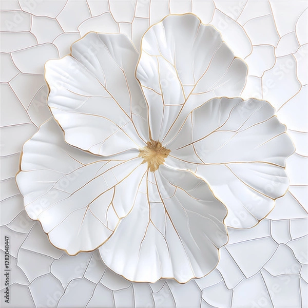 Obraz Beautiful, three-dimensional white flower with a golden center on a cracked white background. High quality photo
