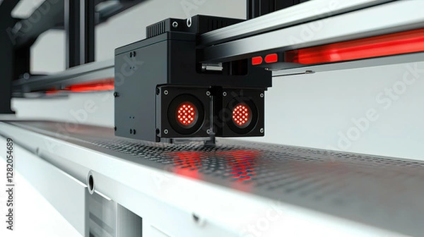 Obraz Industrial Vision Sensors: Robotic vision sensor camera system installed in a smart factory, used for inspecting and analyzing production workflows with high accuracyjpg