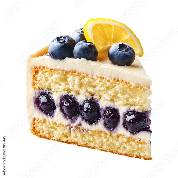 Fototapeta Blueberry Lemon Cake Slice with Blueberries and Lemon Isolated on Transparent Background