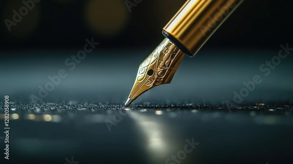 Obraz A close-up view of a golden fountain pen poised over paper, showcasing intricate details and a blurred background.