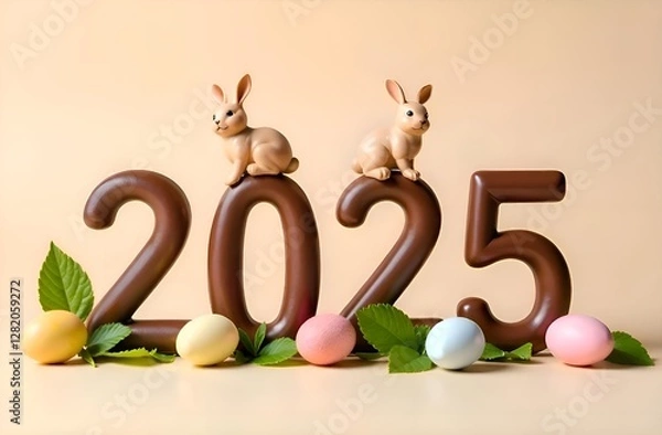 Fototapeta Chocolate easter bunnies and numbers 2025 with pastel color eggs, happy easter and spring concept 