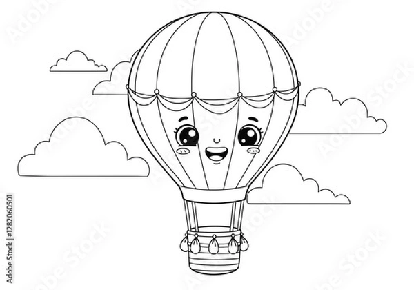 Fototapeta Black and white coloring book page, smiling hot air balloon with a cute face, floating gently in the sky, a few fluffy clouds around