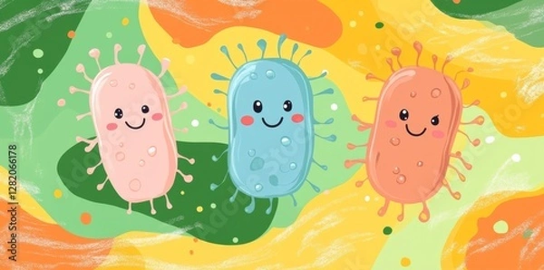 Fototapeta Vibrant bacteria characters, adorned with wide smiles and vivid colors, revel in friendship and happiness in a luminous environment