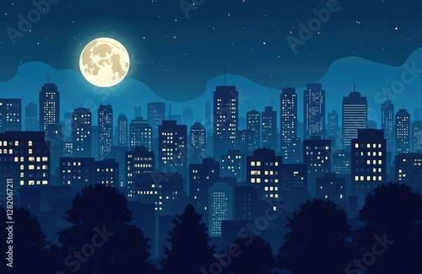 Obraz Flat design of night city with full moon and stars. Dark blue buildings with illuminated windows under moonlight. Concept for urban nightlife, modern town, municipal services and urban planning.