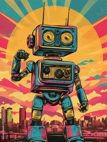 Fototapeta Retro Future: Against a vivid cityscape, a futuristic robot with a retro boombox stands tall, its metallic exterior gleaming in the sunset