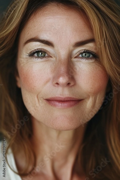 Obraz Close-up portrait of a mature woman with freckles, wrinkles, and a confident, warm smile.
