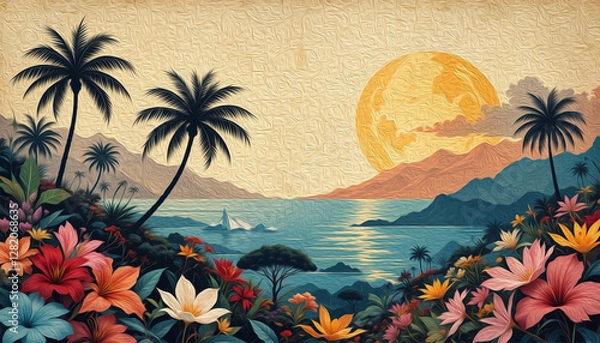 Fototapeta Palm tree .   Oil painting. Pattern for printing on wall decorations, fabrics, for use in graphics.