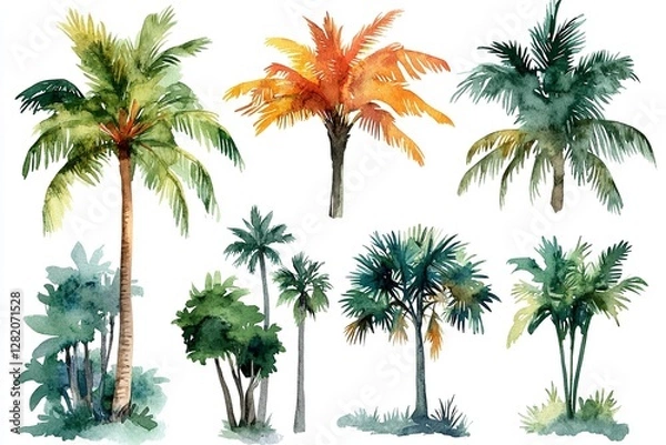 Fototapeta Watercolor Collection Featuring Palm Trees, Leafy Foliage, and Floral Elements