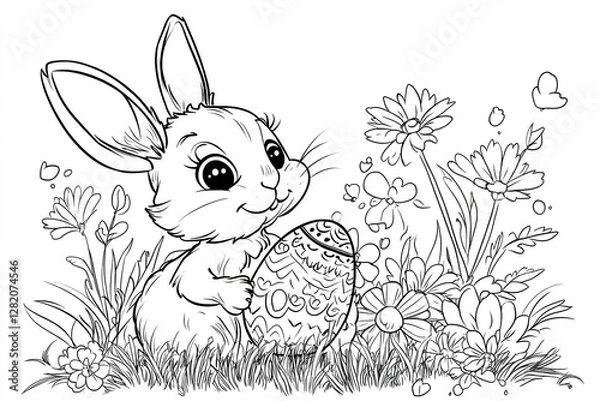Fototapeta Fun Easter-themed coloring page featuring eggs, bunnies, and spring flowers, perfect for creative and festive activities.


