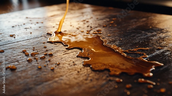 Fototapeta Dark liquid flowing over a wooden surface creates an artistic form of texture