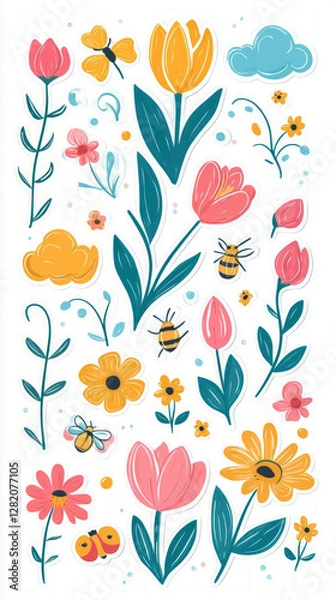 Fototapeta Playful doodles of spring flowers, bees, and clouds, in bright pastel colors and bold outlines, creating a joyful, whimsical vibe