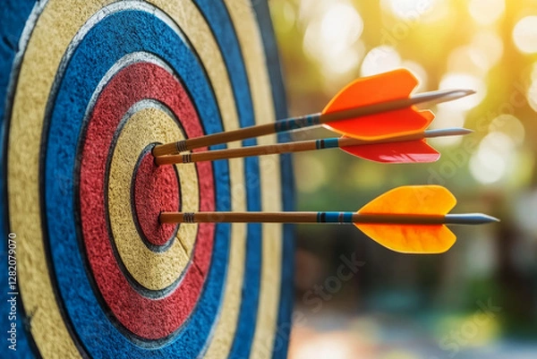 Fototapeta A colorful target with arrows hitting the bullseye, symbolizing precision and success, set against a blurred backdrop with room for text, ideal for motivational content