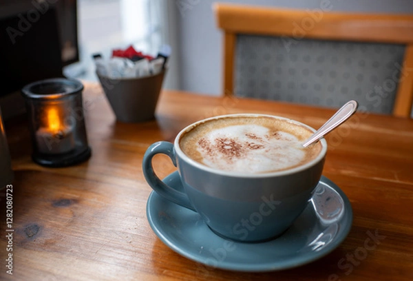 Fototapeta A cup of coffee sits on a saucer on a wooden table. A side shot from the viewers seat. The coffee is topped with whipped cream and a spoon is resting on the surface. The scene is cozy and inviting