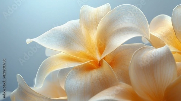 Fototapeta Close-up of delicate, pastel-colored plumeria flowers in soft light