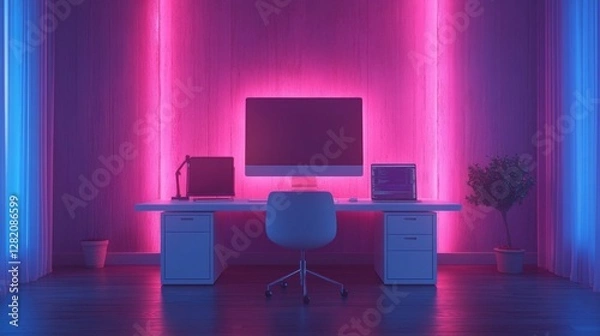 Fototapeta Modern Digital Workspace with Stylish Desk and Soft Lighting Effects