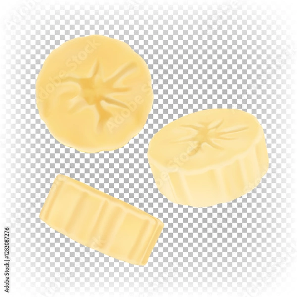 Obraz Sliced ​​round banana pieces from different angles. Vector 3D realistic illustration isolated on transparent background.