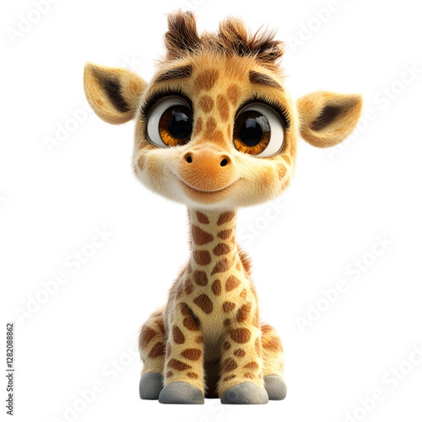 Fototapeta Fluffy 3D Cartoon Giraffe Calf Isolated on Transparent Background