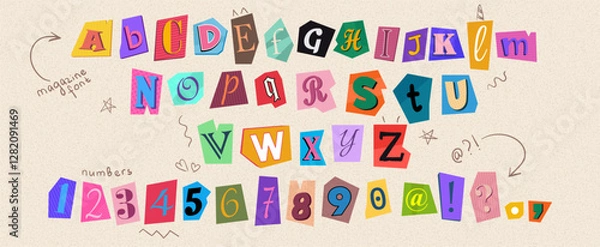 Fototapeta Colorful anonymous cutout font in y2k trendy style. Vector magazine alphabet with cut out letters from newspaper on different piece of paper. Retro grunge collage alphabet with cute doodle elements