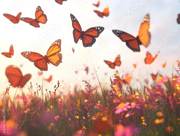 Fototapeta A swarm of butterflies dancing over a field of blooming