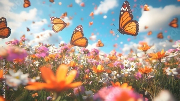 Fototapeta A swarm of butterflies dancing over a field of blooming