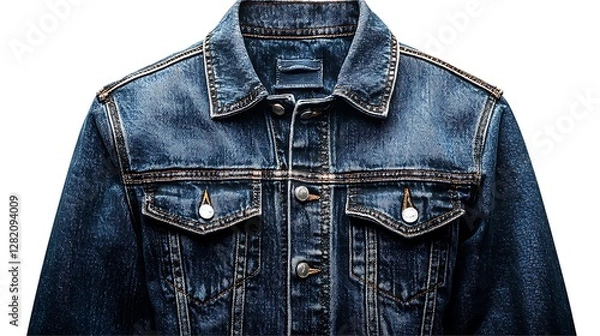 Fototapeta A classic denim jacket with a smooth fabric texture, isolated on white background