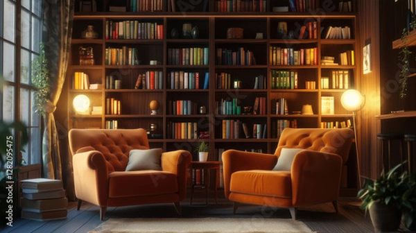 Obraz Frame Mockup Displayed in a Cozy Reading Nook Featuring Plush Armchairs, a Bookshelf Brimming with Books, and Warm Ambient Lighting, Perfect for Showcasing Literature or Cozy Home Decor Items