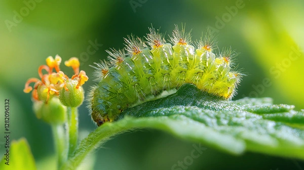 Fototapeta Macro of a green swallowtail caterpillar sitting on a plant in a field on a sunny summer day.