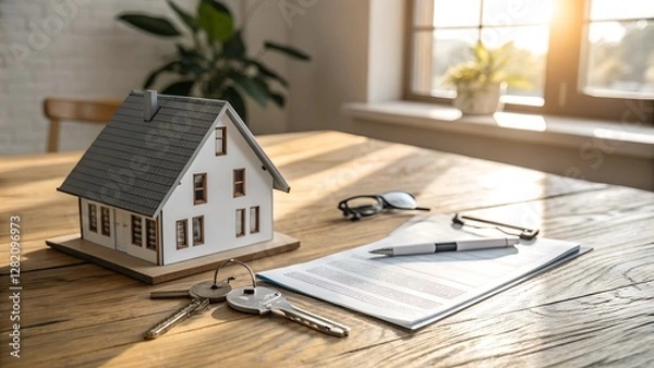 Fototapeta A real estate transaction concept featuring a miniature apartment building, house keys, and signed documents on a wooden desk. Business, mortgage, property investment, and financial planning theme.