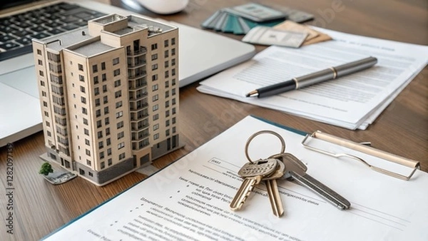 Fototapeta A real estate transaction concept featuring a miniature apartment building, house keys, and signed documents on a wooden desk. Business, mortgage, property investment, and financial planning theme.
