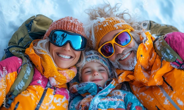 Fototapeta Family enjoying a snowy day while wearing colorful winter gear in a winter wonderland