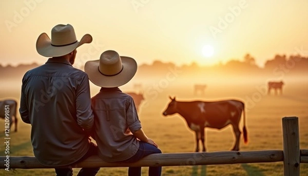 Fototapeta  Father and son wearing straw hats sitting on a wooden fence, watching cows graze at serene farm morning with soft misty sunrise and earthy color palette with copy space