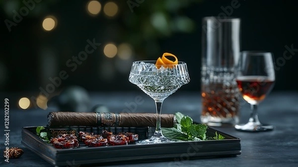 Fototapeta Elegant cocktail with garnish and cigar on a stylish tray, with blurred festive lights in background