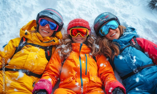Fototapeta Friends enjoy a snowy day while lying in fresh snow on a ski resort mountain during winter