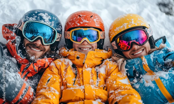 Fototapeta Friends enjoy a snow day while skiing in a beautiful winter landscape during a sunny afternoon