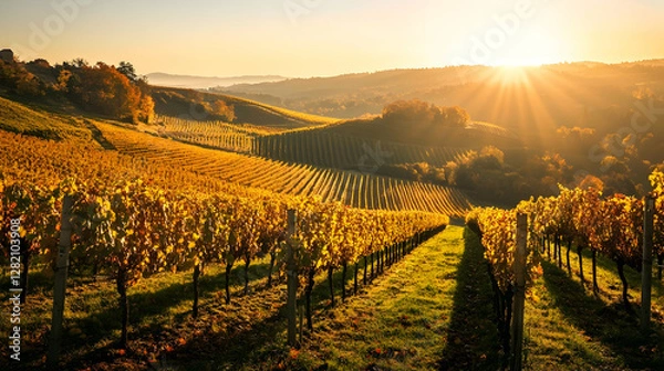 Fototapeta A sunlit vineyard with rows of grapevines stretching across autumnal hills under a clear sky