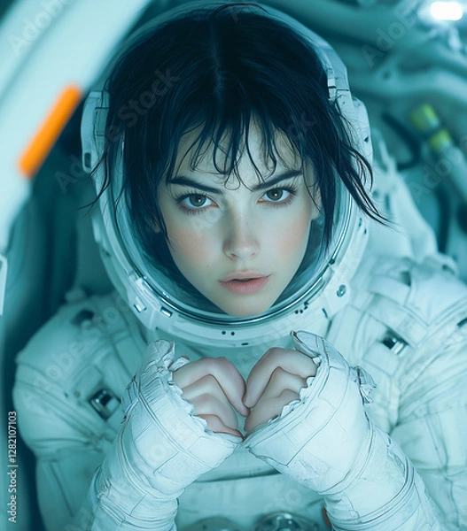 Fototapeta Young astronaut prepares for space mission in futuristic spacecraft amid high-tech surroundings