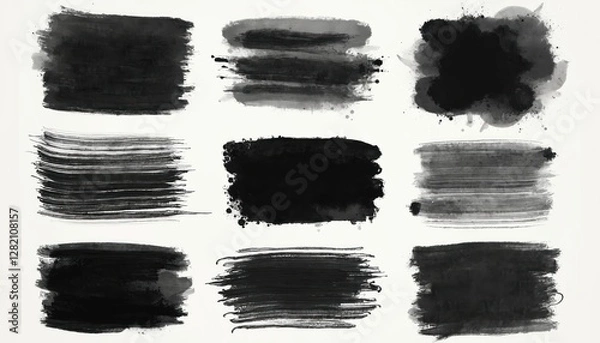 Fototapeta Set of nine black ink patterns, textures for artistic, graphic design. Crosshatch lines to solid fills provides diverse, detailed designs on white background. Various abstract styles offers contrast