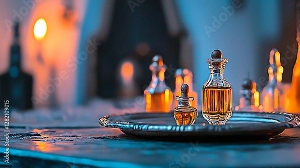 Fototapeta Elegant display of glass perfume bottles on a silver tray with warm candlelight ambiance