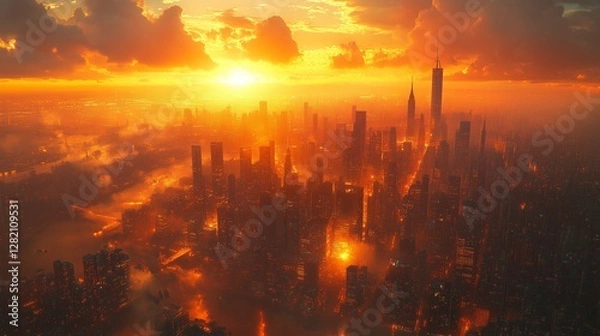 Fototapeta A stunning aerial view of a vibrant city skyline at sunset