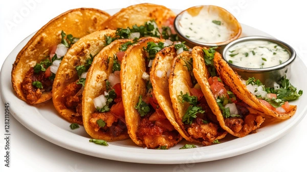 Fototapeta Delicious Beef Tacos with Fresh Toppings and Dipping Sauces