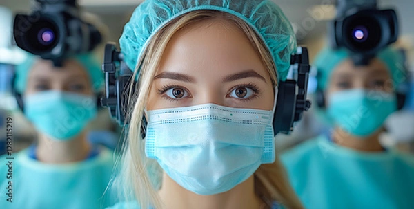 Fototapeta Medical team in surgical scrubs preparing for procedure in operating room: pre-surgery preparation, sterile environment, realistic photography, healthcare professionalism
