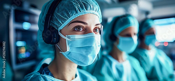 Fototapeta Health professionals in surgical attire focus intently during a critical operation in a modern medical facility