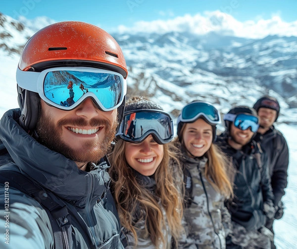 Fototapeta Group of friends enjoying a sunny day of skiing in the mountains with snow-covered peaks in the background
