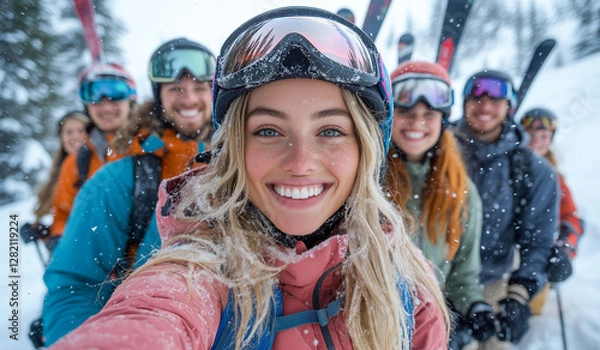 Fototapeta Excited group of skiers poses together in snowy mountain landscape during winter adventure: alpine joy, friendship bonding, ski resort and action Photography