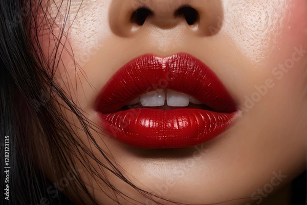 Fototapeta there is a close up of a woman's lips with red lipstick